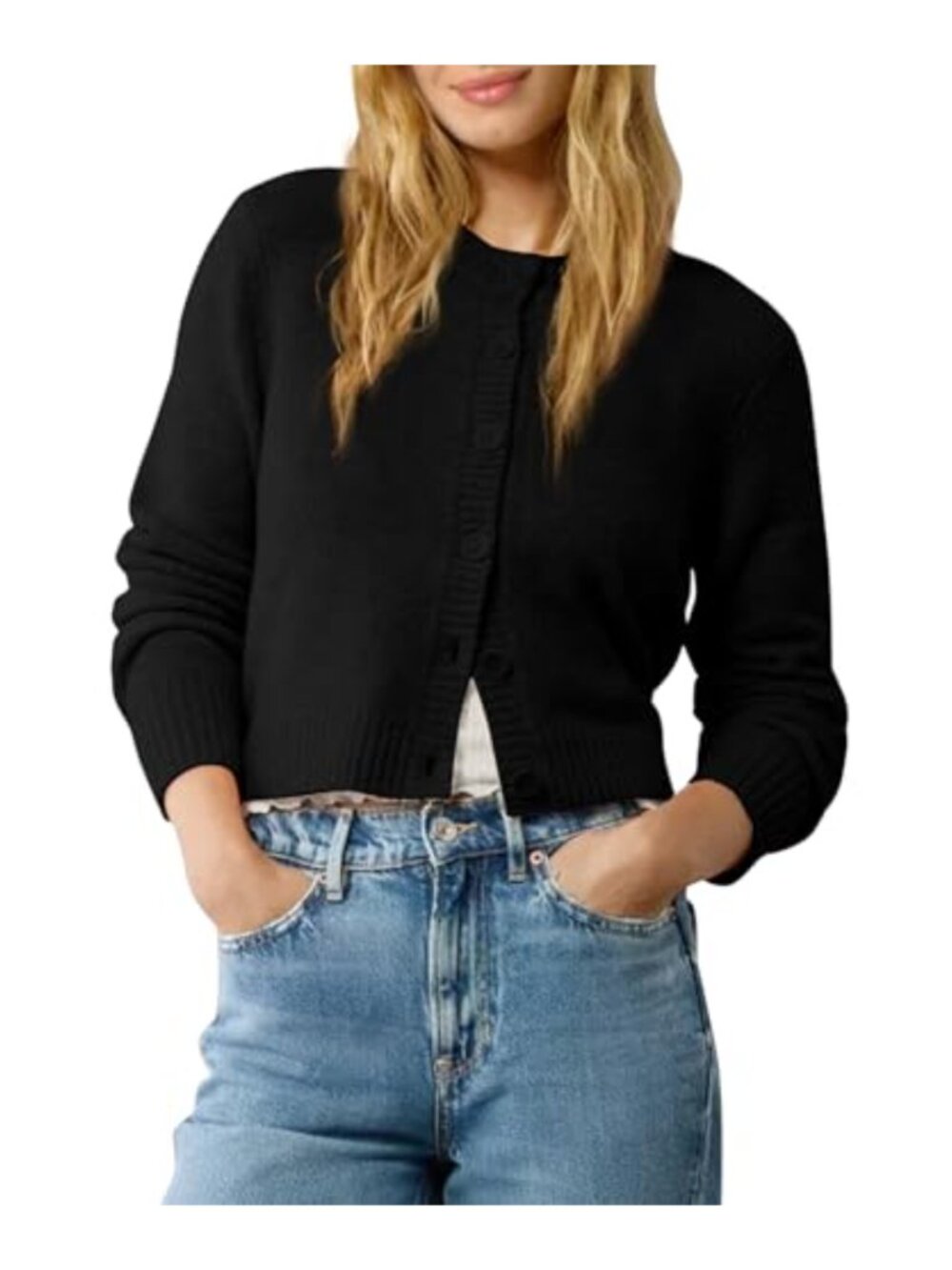 Crew Neck Cropped Cardigan Sweaters Long Sleeve Open Front Button Down Shrug